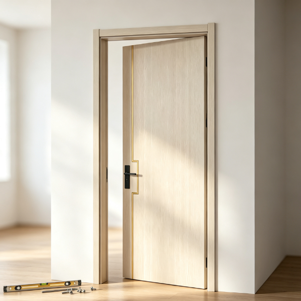 Light woodgrain interior door with gold line and black handle in room installation.