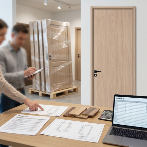 HPL door in a bright commercial corridor with drawings and sample chips on a desk